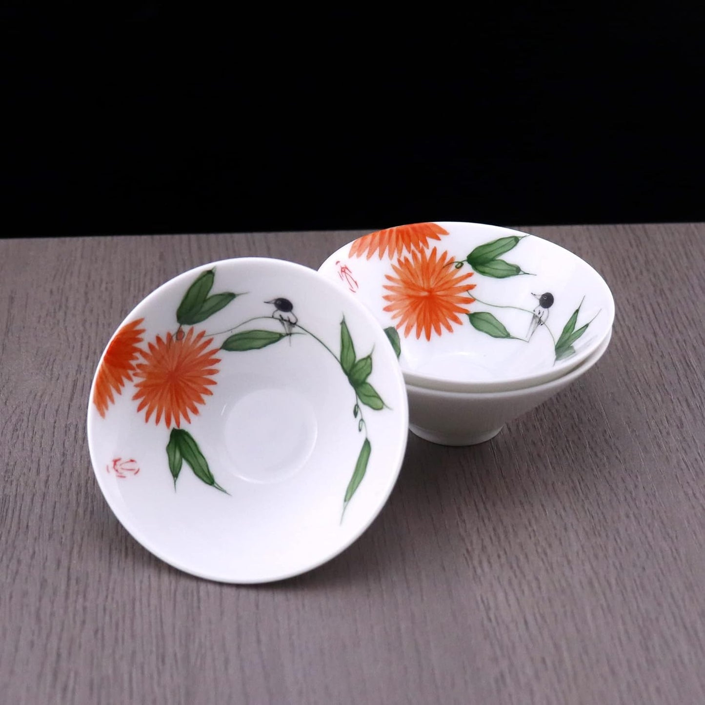 SILINE Jingdezhen White Porcelain Teacup Set,3 PCS Wide-brimmed Small Cups,Hand-painted Chinese Gongfu Tea Cups (Chrysanthemum)