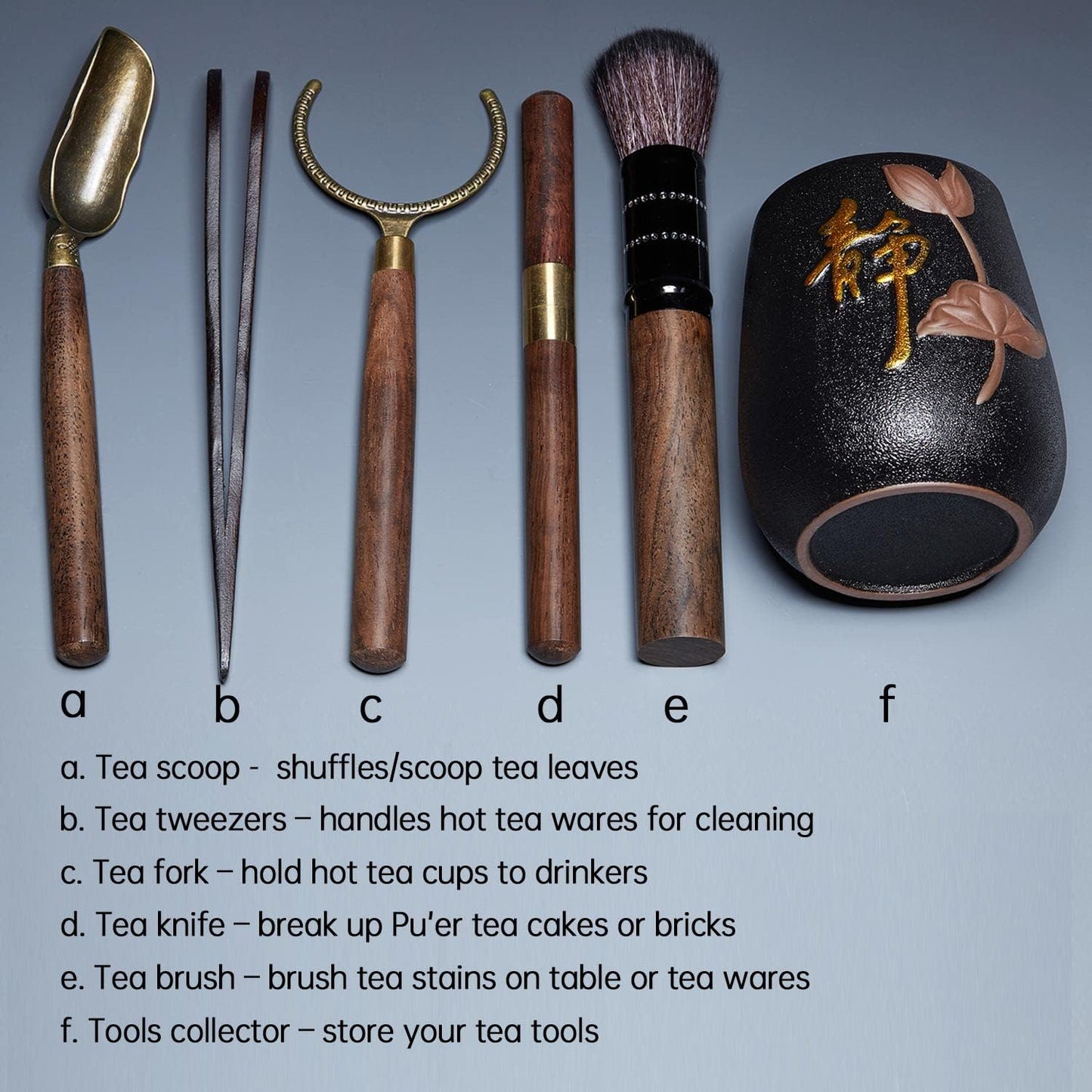 DOPUDO Tea Art Six Gentlemen with Black Pottery Storage Caddy, Chinese Gongfu Tea Ceremony Tools to Make Tea, Chinese New Year Gift to Tea Lovers