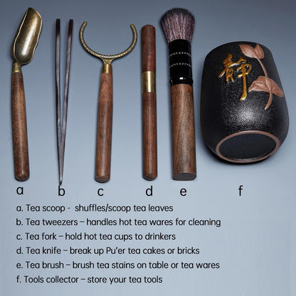 DOPUDO Tea Art Six Gentlemen with Black Pottery Storage Caddy, Chinese Gongfu Tea Ceremony Tools to Make Tea, Chinese New Year Gift to Tea Lovers