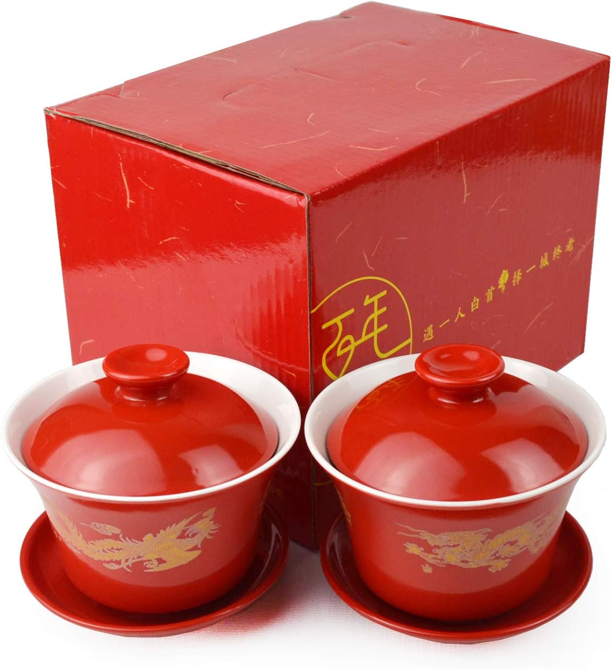 Gaiwan 2 Suits Porcelain Teacups 8oz Cups Chinese Dragon and Phoenix Cover Bowl Saucer Red tureen for Wedding Party (Dragon phoenix)