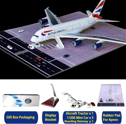 British A380 Model Airplane 18.5 Inches Long 1/160 Scale British A380 Model with LED Lights and Airport Scene Accessories Ideal Display and Gift