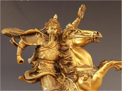 GaYouny Buddha Statue 35cm Brass Copper Dragon Guan Gong Guan Yu Ride Horse Hold Knif God Statue