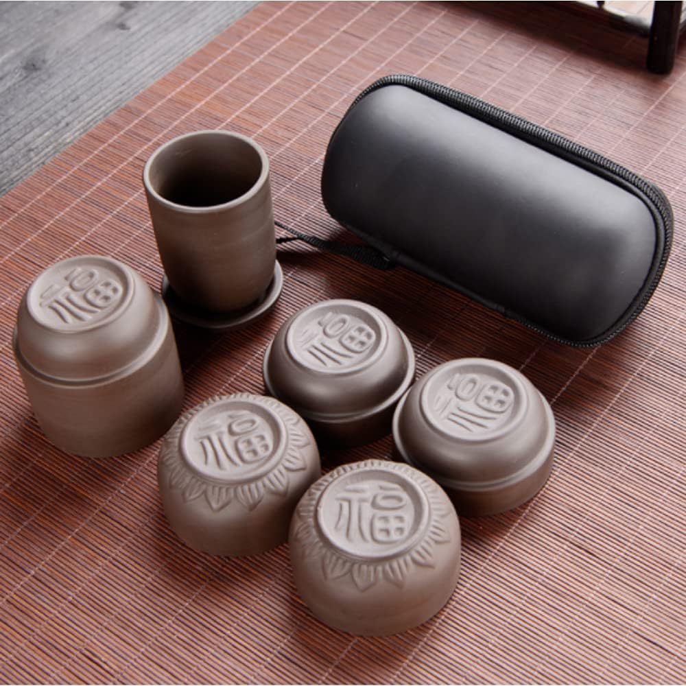 Portable Travel Zisha Tea Set. Chinese Kung Fu Handmade Purple Clay Tea Pot Set with 1 Pot 4 Ceramic Cups and Tea Infuser.