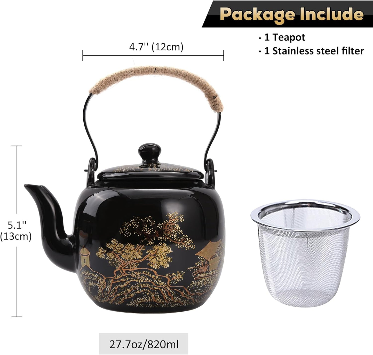 DUJUST Traditional Japanese Tea Pot, Black Porcelain Chinese Teapot with Stainless Infuser, Beautiful Asian Teapot for Adults, Tea Lover/Women/Men (Countryside in Golden)