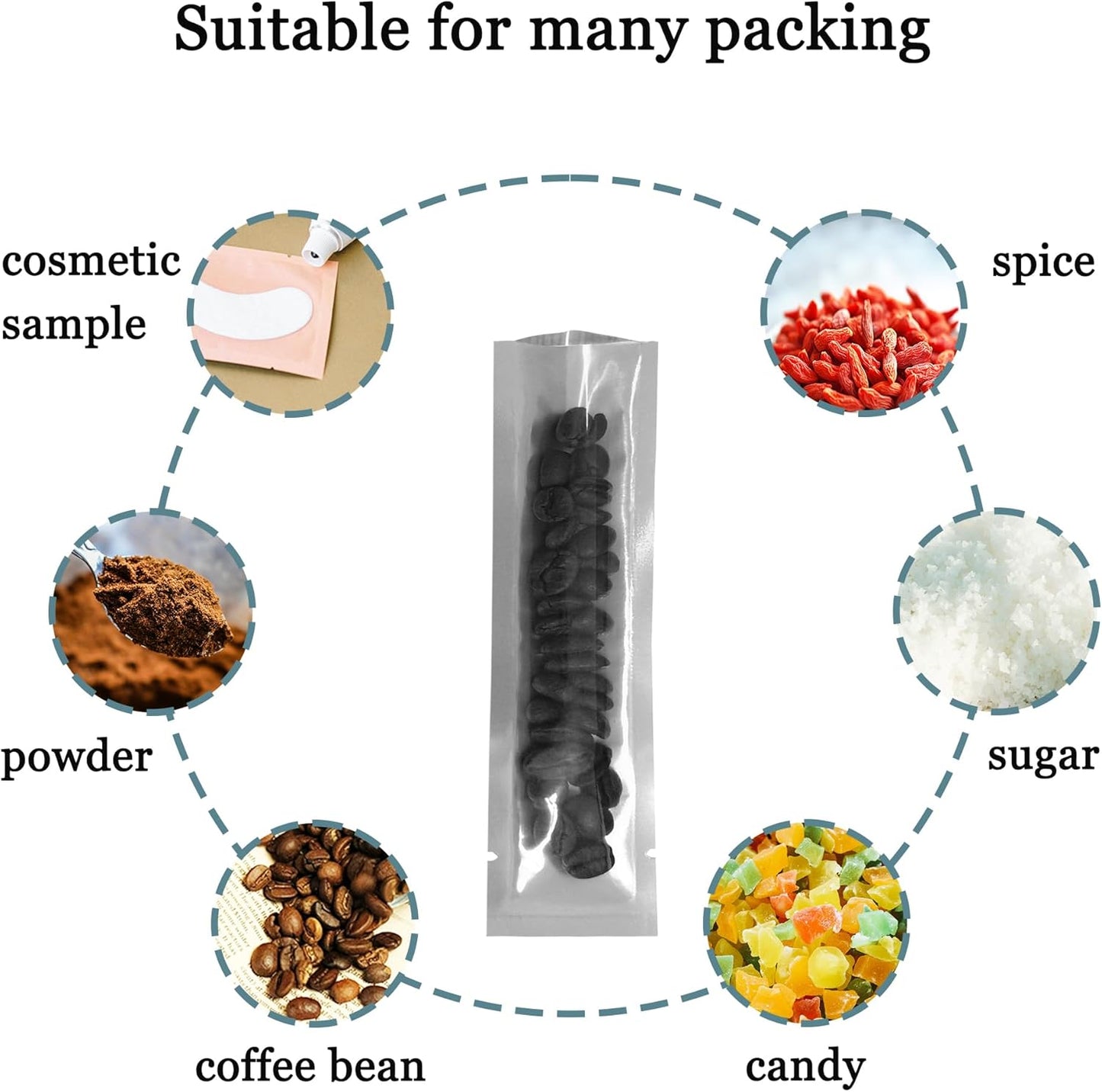 FERENLI 100 Pcs Clear Front Mylar Heat Seal Vacuum Travel Liquid Pouch 1.4x5.9 inch for Toiletries Portable Travel Size Aluminum Foil Sample Pouches with Tear Notch for Shampoo Skincare Food Storage