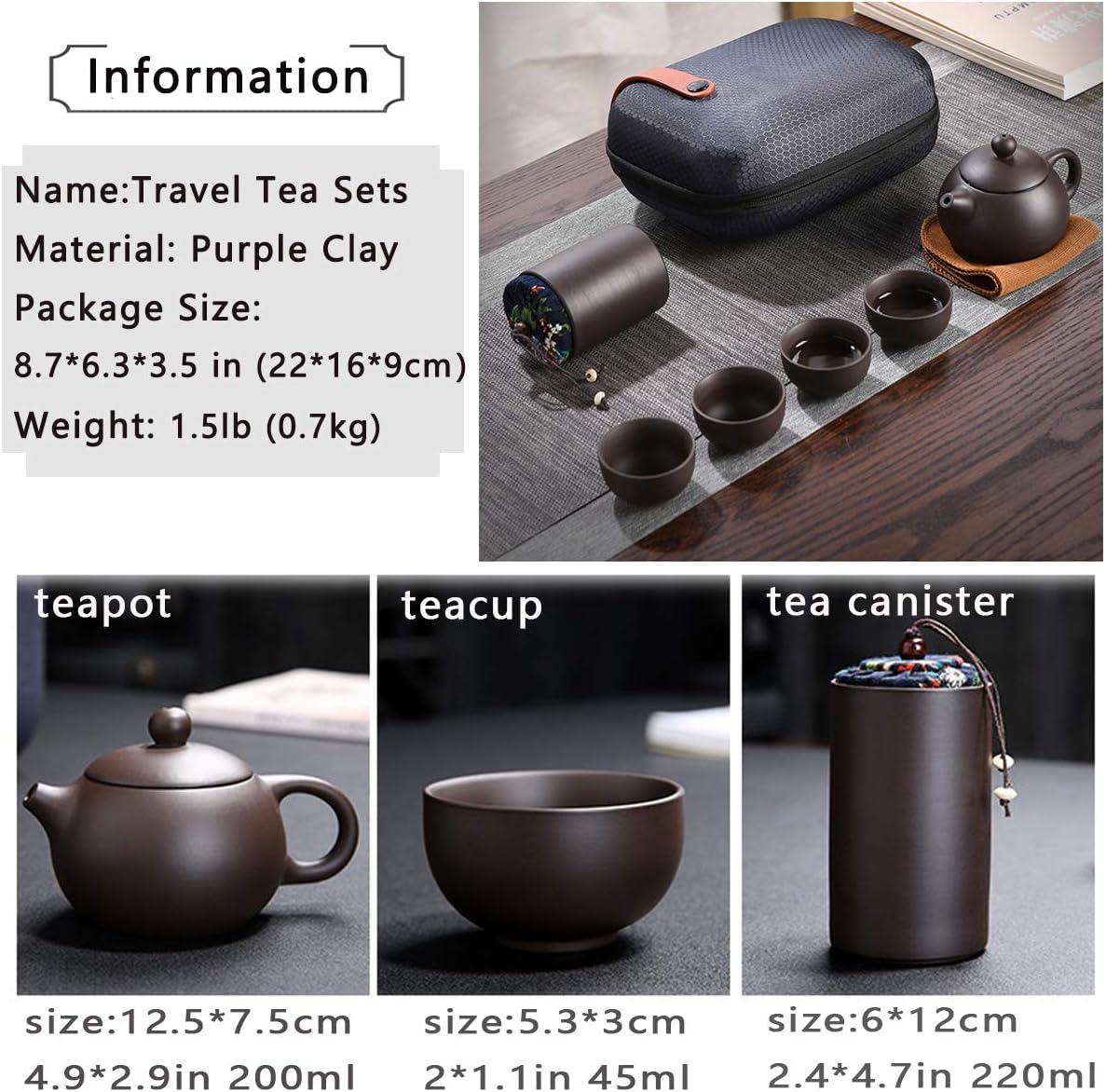 Zisha Travel Tea Sets 6 Pack Portable Chinese Kungfu Tea Set Ceramic Teapot Sets for adults, Purple Clay Tea pot 4 Teacups Canister in One Bag for Outdoor Picnic Business, Christmas Gift Tea Sets