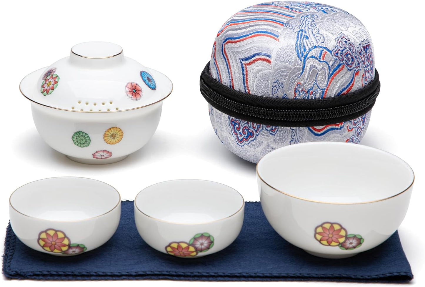 SILINE Ceramic Travel Gaiwan Kungfu Tea Set,Chinese Suet Jade White Porcelain Tea Bowl Set,Portable for Home Business Outdoor Hotel (White)