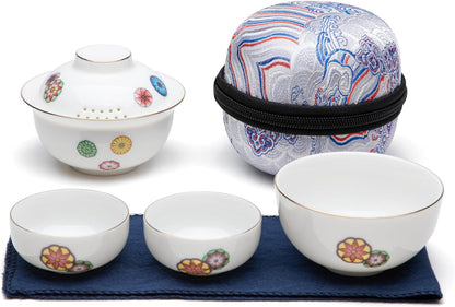 SILINE Ceramic Travel Gaiwan Kungfu Tea Set,Chinese Suet Jade White Porcelain Tea Bowl Set,Portable for Home Business Outdoor Hotel (White)
