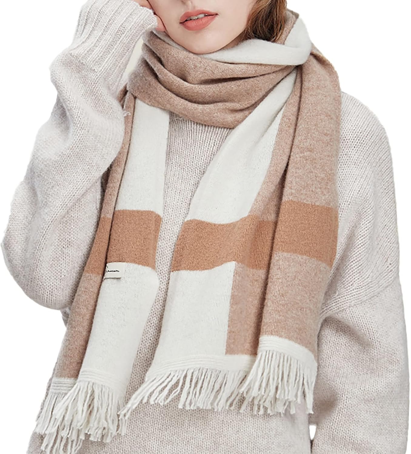 RAN Winter Warm Scarfs Weave Luxury Plaid Scarf Wool Scarf with Tassel, Women Warm Knitted Scarf for Fall and Winter, 14.2" X 72.8" Long (Color : Brown, Size : 14.2" X 72.8")