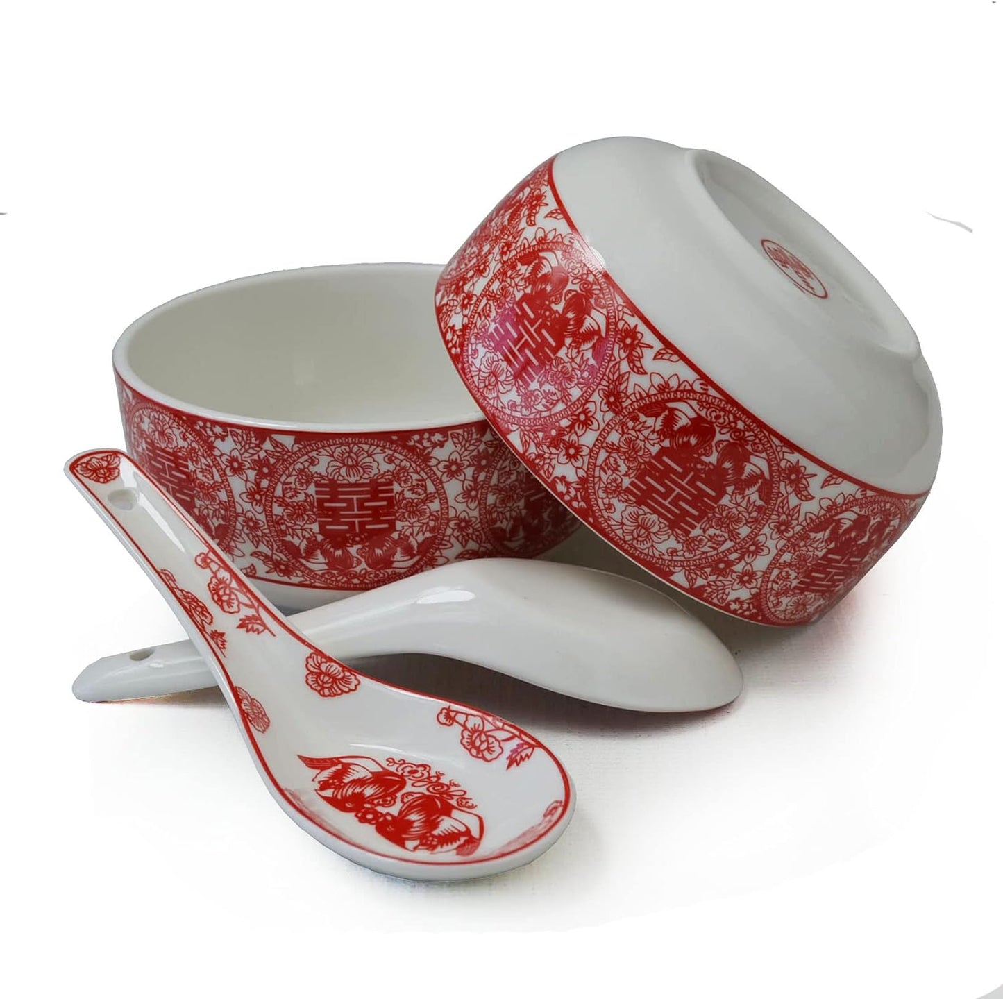 Bowl Spoon Gifts Set Chinese Wedding Party Porcelain Tableware Set (Paper-cut style 囍)
