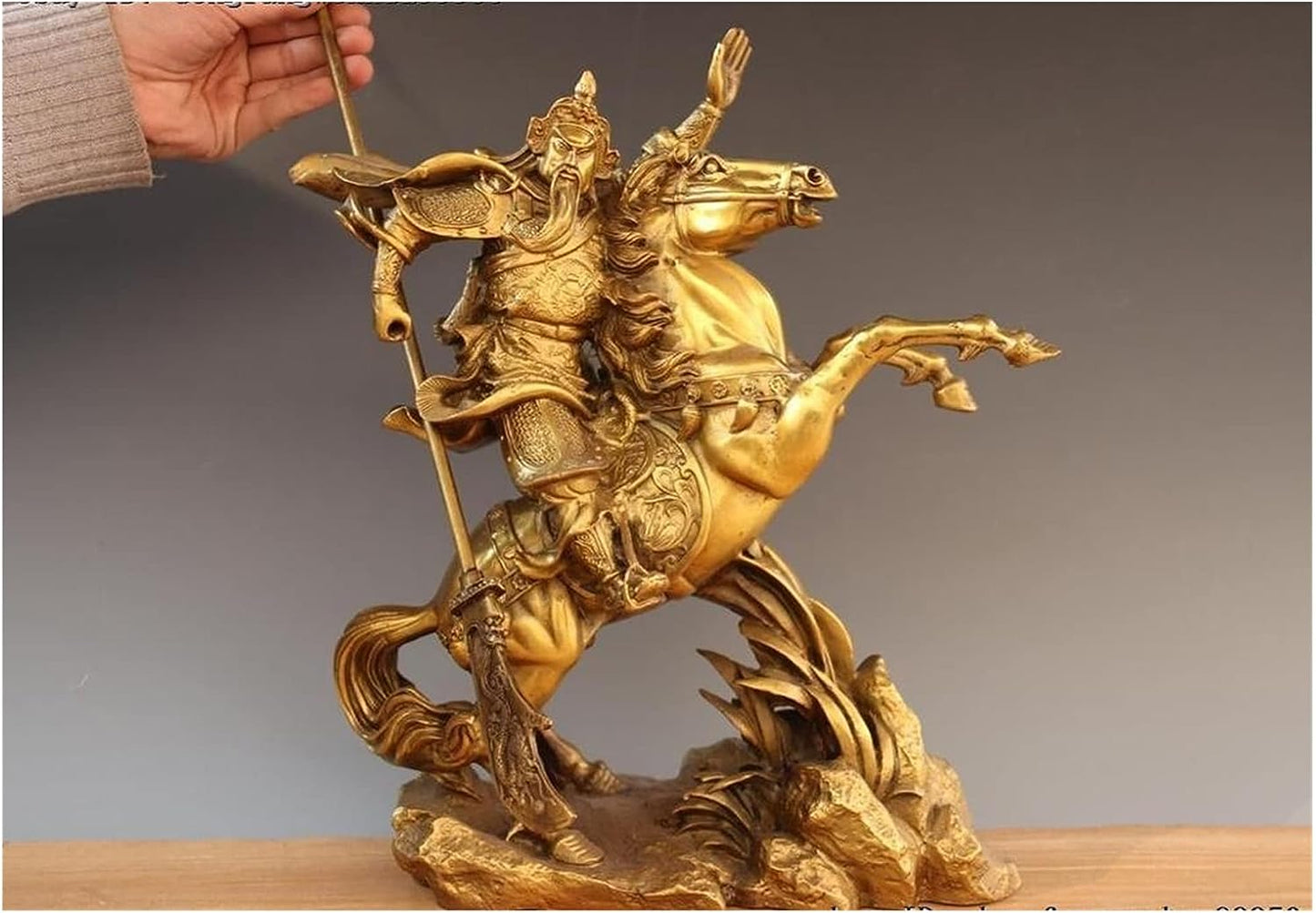 GaYouny Buddha Statue 35cm Brass Copper Dragon Guan Gong Guan Yu Ride Horse Hold Knif God Statue