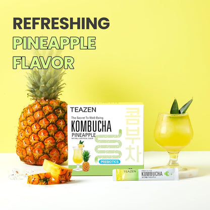 TEAZEN Pineapple Kombucha Tea, Live Probiotics & Postbiotics, Sugar Free, Low Caffeine, Sparkling Fermented Kombucha Powder from Korea, 30 Sticks, 5.29oz