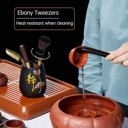 DOPUDO Tea Art Six Gentlemen with Black Pottery Storage Caddy, Chinese Gongfu Tea Ceremony Tools to Make Tea, Chinese New Year Gift to Tea Lovers
