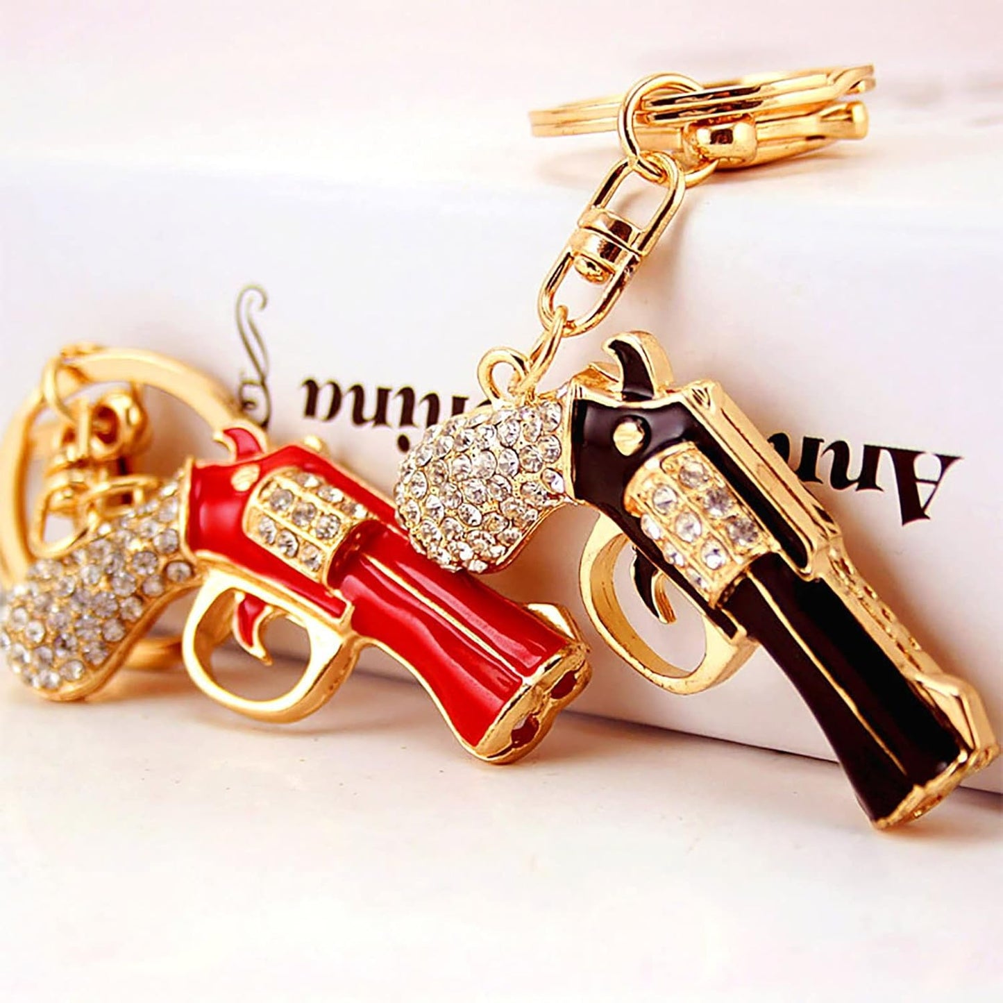 Gun Shaped Keychain Mini Gun Metal Key Ring, Rhinestone Weapons Model Key Fod, Charm for Bag, Backpack (Color : Black, Size : 1.9 x 1.0 x 4.6 in)
