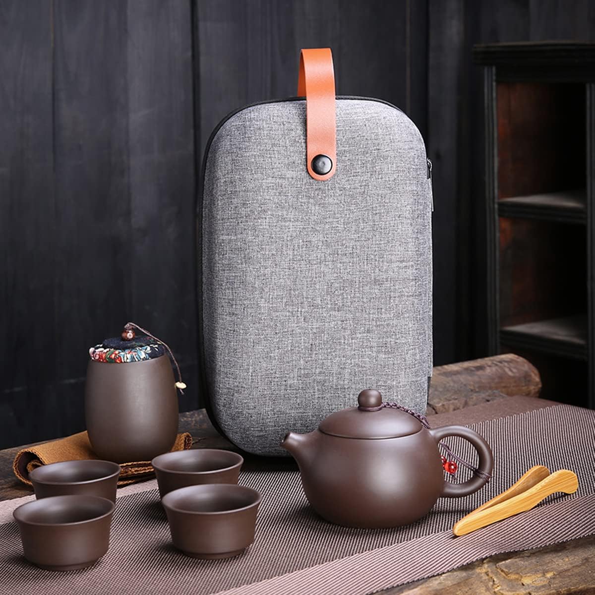 Portable Travel Kungfu Zisha Tea Set, Handmade Purple Clay Teapot Teacups, Traditonal Chinese Tea Pot Style - Purple Clay Teapot & Teacups & Tea can & Tea towel with a Portable Travel Bag