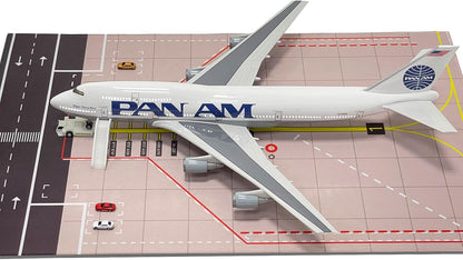 Panam 747 Model 1/150 Scale Panam Airlines B747 Model Plane 18 Inches Long with LED Lights and a Large Rubber Airport Mat Ideal Gift and Display