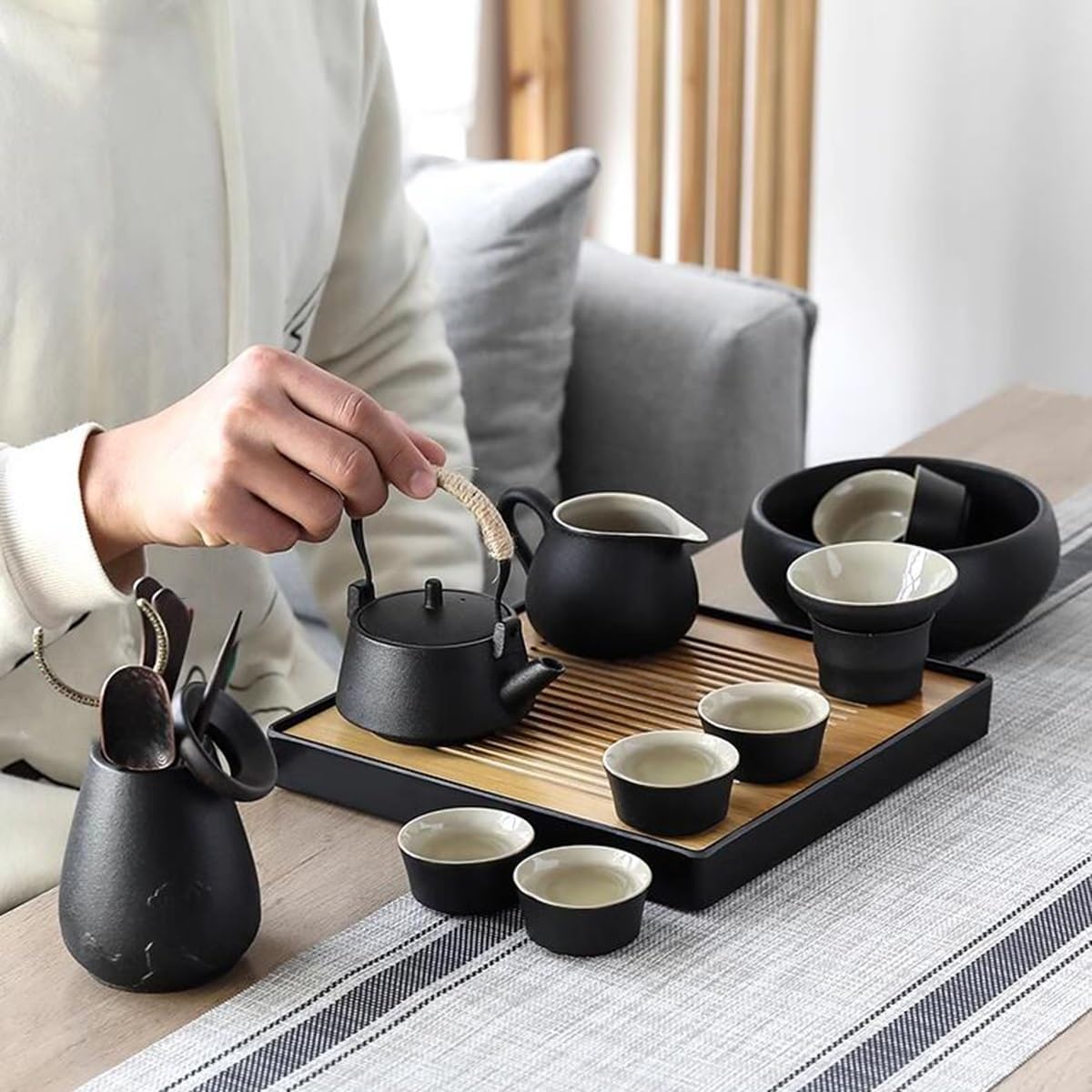 GIZNXBA Ceramic Portable Tea Sets for Adult, Travel Tea Pot Cup Set with Tray, Portable Ceramic Porcelain Tea Pot for Business Hotel Outdoor Picnic, Home, Business