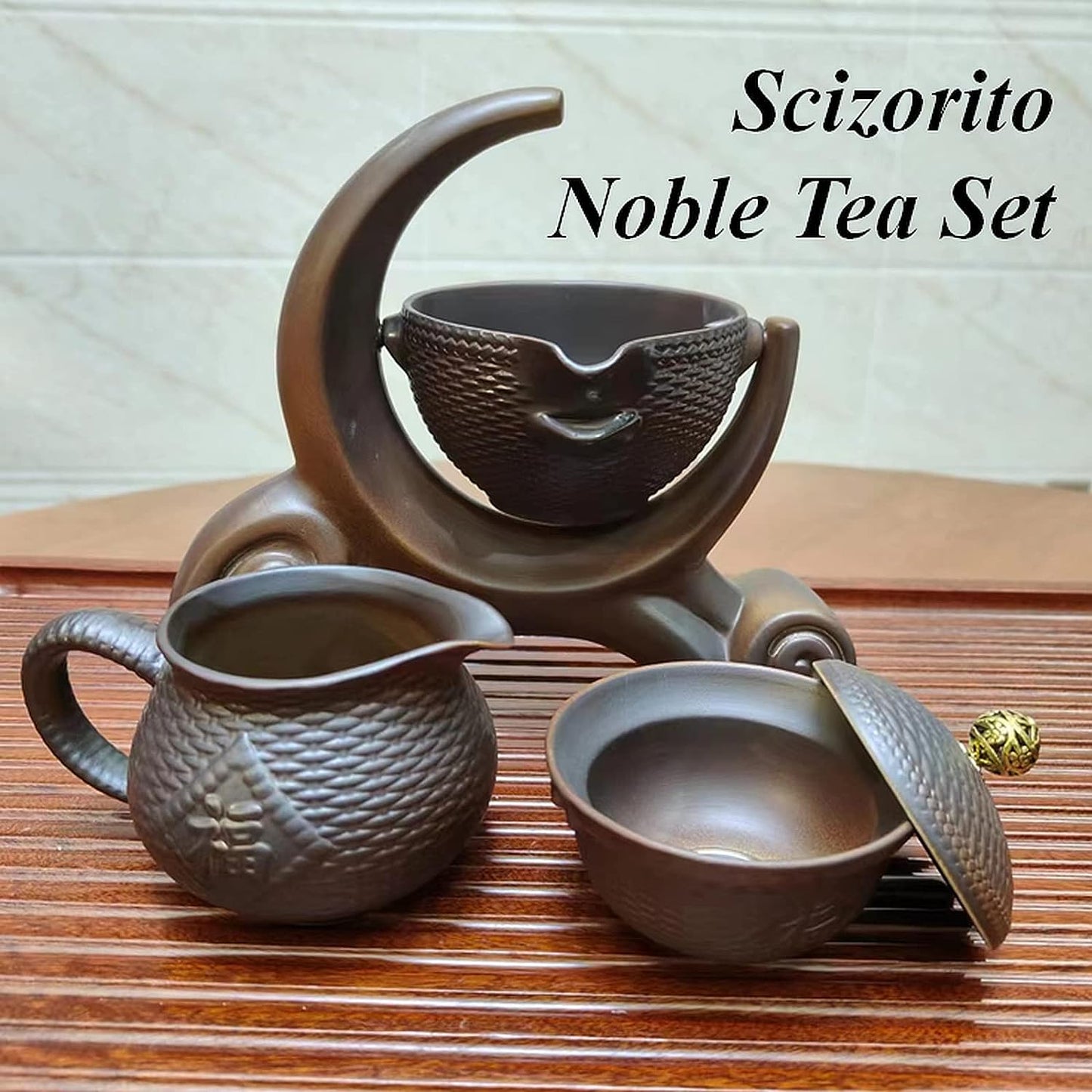 Scizorito 中国功夫茶具套装礼盒,中国龙形状,纯手工烧制,配有 360 度旋转茶壶和浸泡器,适合办公室、家居、礼品(半月火柴)