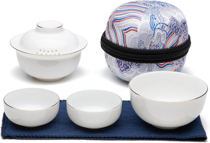 SILINE Ceramic Travel Gaiwan Kungfu Tea Set,Chinese Suet Jade White Porcelain Tea Bowl Set,Portable for Home Business Outdoor Hotel (White)