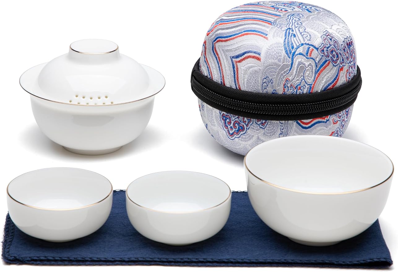 SILINE Ceramic Travel Gaiwan Kungfu Tea Set,Chinese Suet Jade White Porcelain Tea Bowl Set,Portable for Home Business Outdoor Hotel (White)