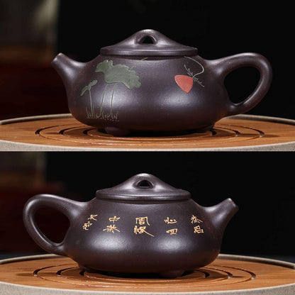 Yxhupot Teapot 8oz Chinese Yixing Genuine Black Clay Zisha Shipiao Pot Infusers Loose Tea (embossed flower)