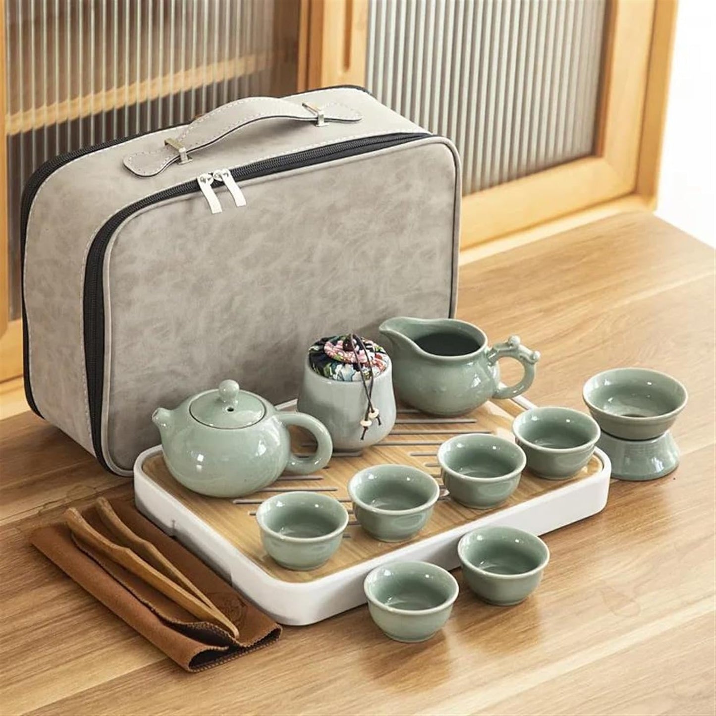 Afternoon Tea Set Travel Ceramic Kung Fu Tea Set Tray Full Portable Storage Bag Pot Cup Tea Set for Adults (Color : E)