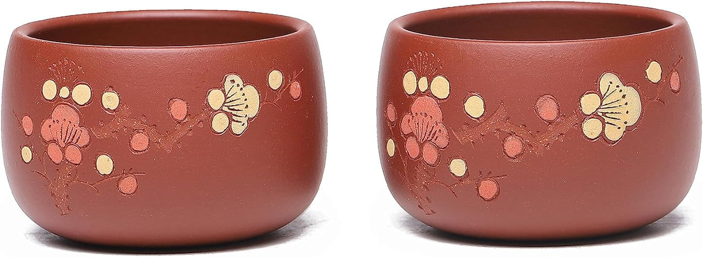 SILINE 2 PCS Zisha Gongfu Teacup,2.3 Oz Chinese Yixing Clay Tea Cup for Brew Kung Fu Tea,Used with the Teapot (Flower,Yixing Zhuni Red Clay)