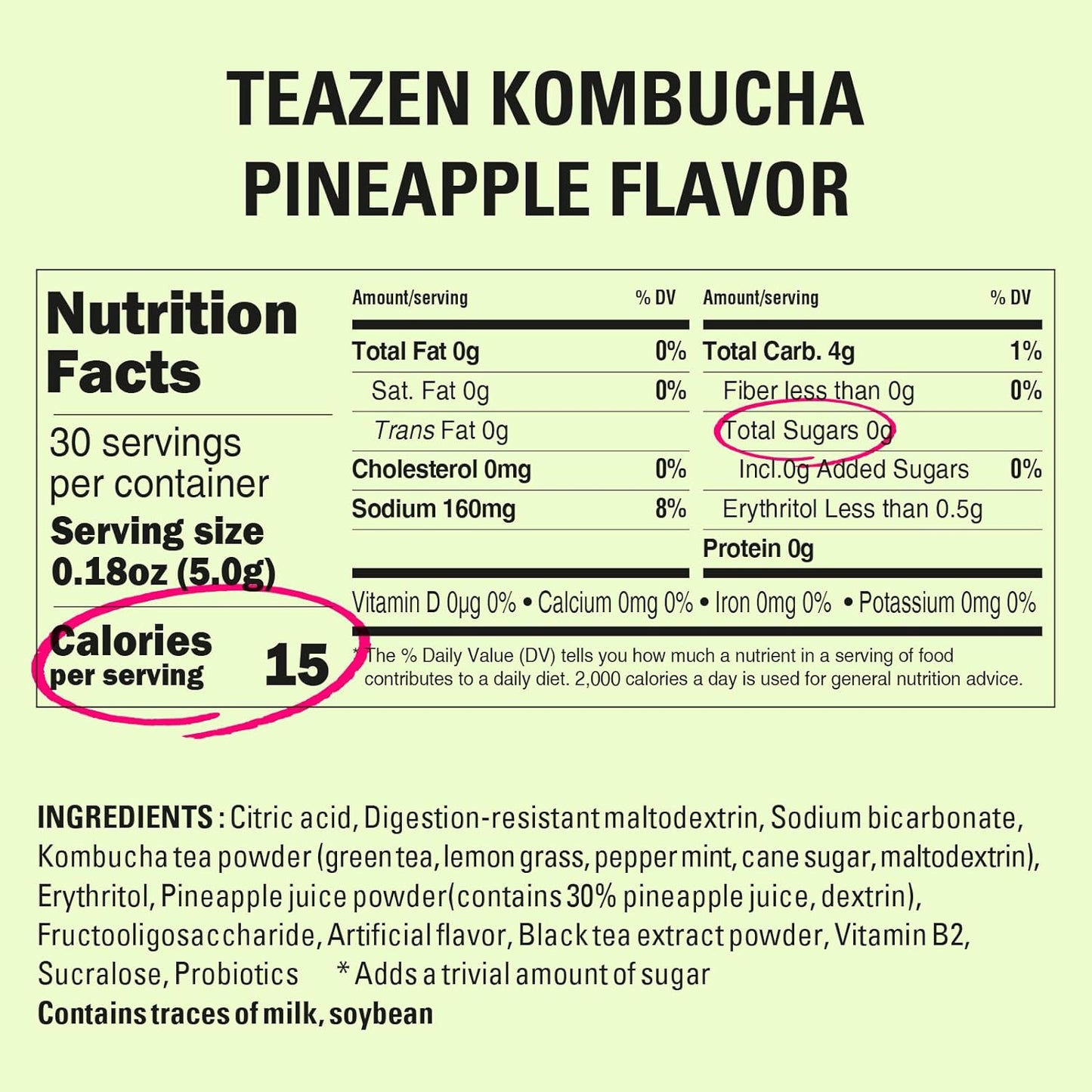 TEAZEN Pineapple Kombucha Tea, Live Probiotics & Postbiotics, Sugar Free, Low Caffeine, Sparkling Fermented Kombucha Powder from Korea, 30 Sticks, 5.29oz
