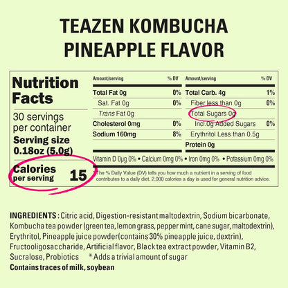 TEAZEN Pineapple Kombucha Tea, Live Probiotics & Postbiotics, Sugar Free, Low Caffeine, Sparkling Fermented Kombucha Powder from Korea, 30 Sticks, 5.29oz