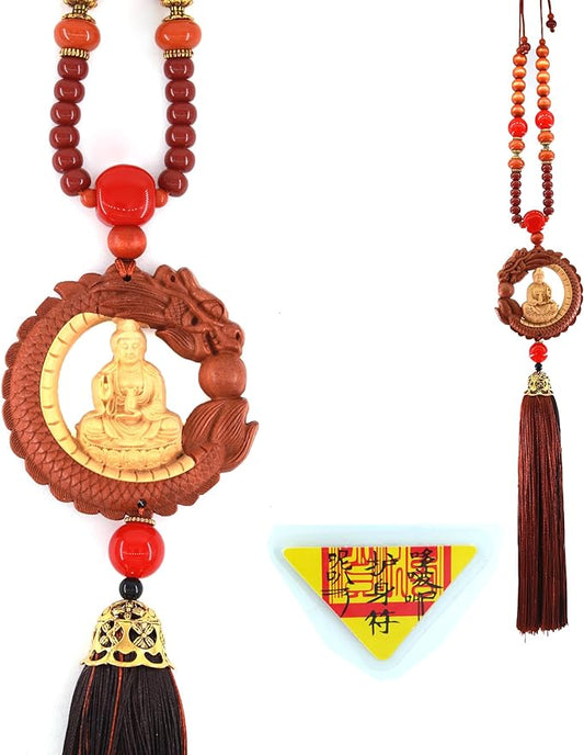 HATRAV Guan Yin Ornament,Peach Wood Kwan Yin Statues,for Car and Home,Chinese Fengshui Dec,Dragon Chinese New Year Decorations,God of Wealth,Protect Safety (Guanyin)
