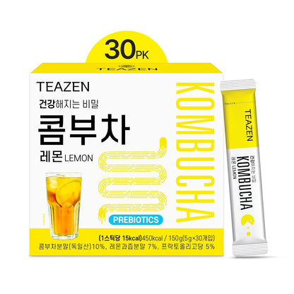 TEAZEN Pineapple Kombucha Tea, Live Probiotics & Postbiotics, Sugar Free, Low Caffeine, Sparkling Fermented Kombucha Powder from Korea, 30 Sticks, 5.29oz