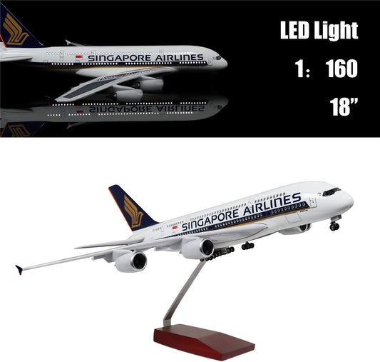 24-Hours 18” 1:160 Airplane Model Singapore Airbus 380 Model Plane with LED Light(Touch or Sound Control) for Decoration or Gift
