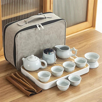 Afternoon Tea Set Travel Ceramic Kung Fu Tea Set Tray Full Portable Storage Bag Pot Cup Tea Set for Adults (Color : E)