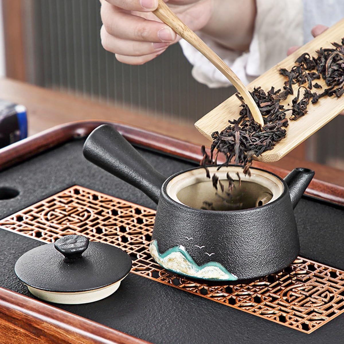 GIZNXBA Tea Set Home Office with Side Handle Pots, Side Handle Cups, Tea Drain Set, Teacups, Tea Tray, Chic Ceramic Dry Bubble Tray Tea Set, Tea Party Set for Tea Lover (Color : /Black, Size : B)
