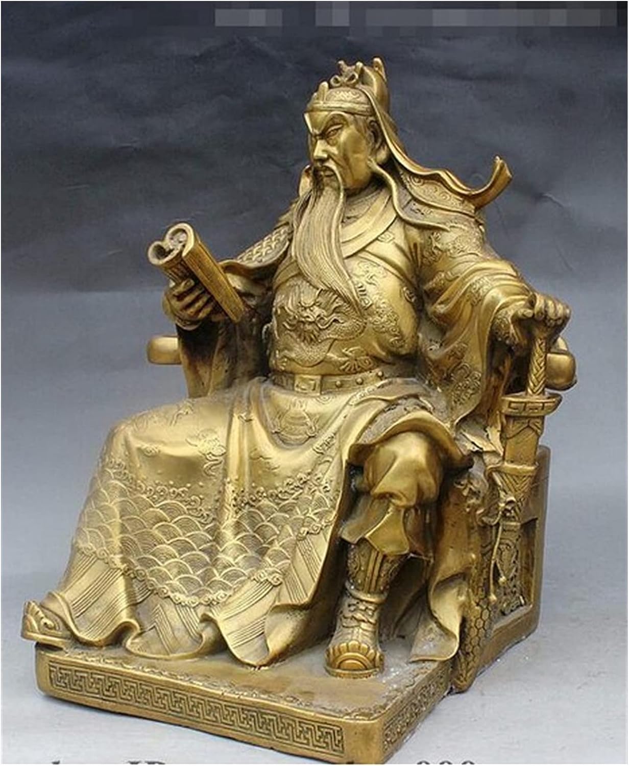 GaYouny Buddha Statue 14" Folk FengShui Brass Tiger Seat Book Guan Gong Yu God Statue