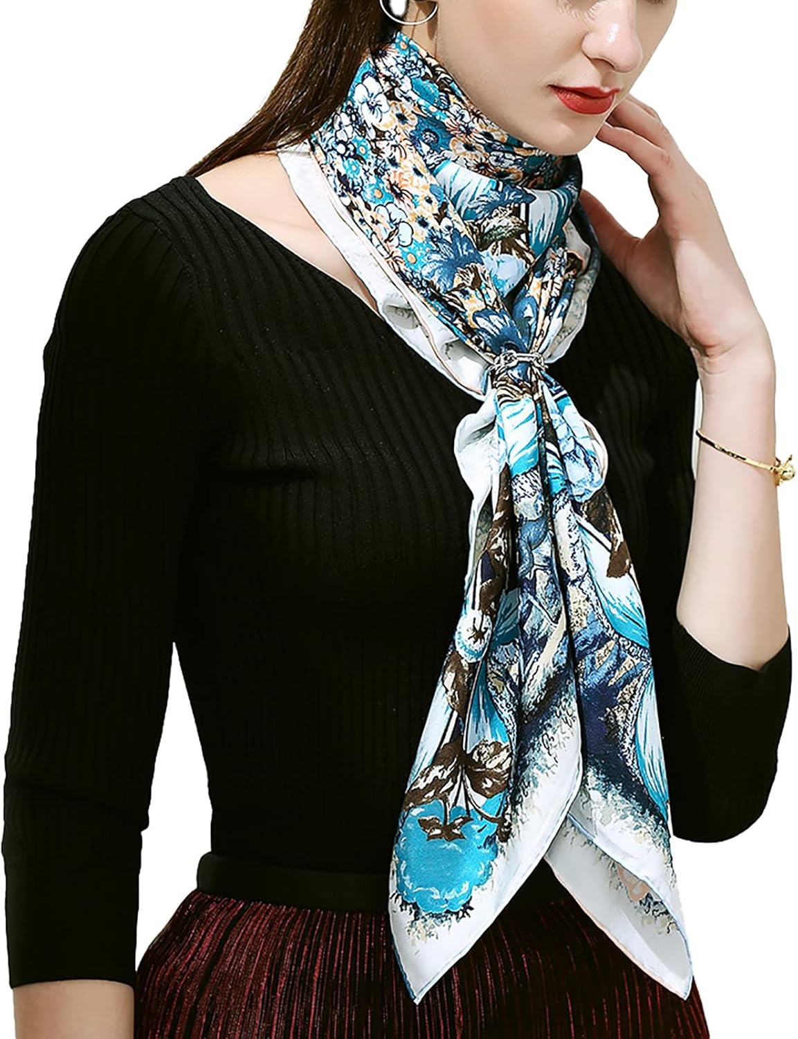 RAN Winter Warm Scarfs Natural Mulberry Silk Scarfs for Women, Silk Satin Square Head Wraps, 41.7" x 41.7" Lightweight Printed Headscarf