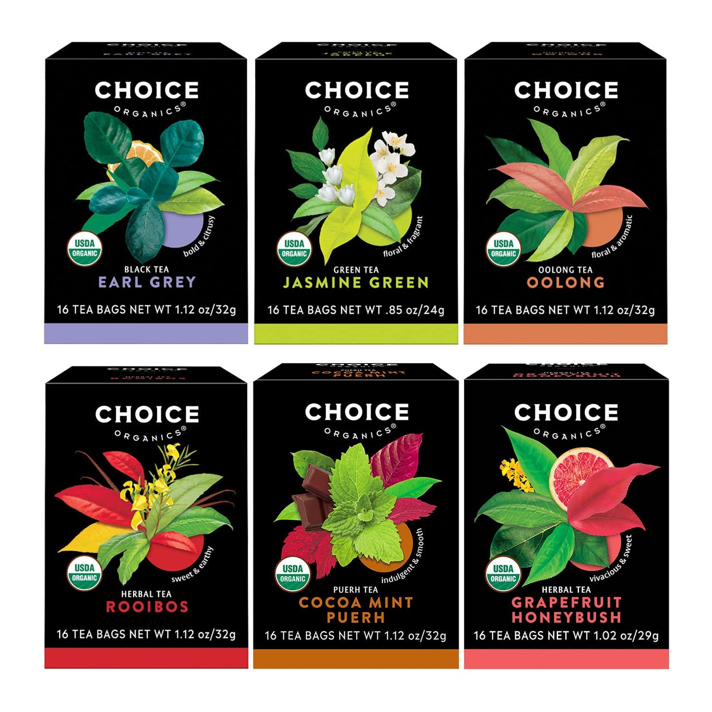 Choice Organics - Favorites Variety Pack Sampler (6 Pack) - Includes Earl Grey, Jasmine Green, Oolong, Rooibos, Cocoa Mint Puerh, and Grapefruit Honeybush Organic Teas - 96 Tea Bags