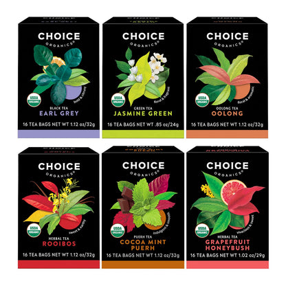 Choice Organics - Favorites Variety Pack Sampler (6 Pack) - Includes Earl Grey, Jasmine Green, Oolong, Rooibos, Cocoa Mint Puerh, and Grapefruit Honeybush Organic Teas - 96 Tea Bags