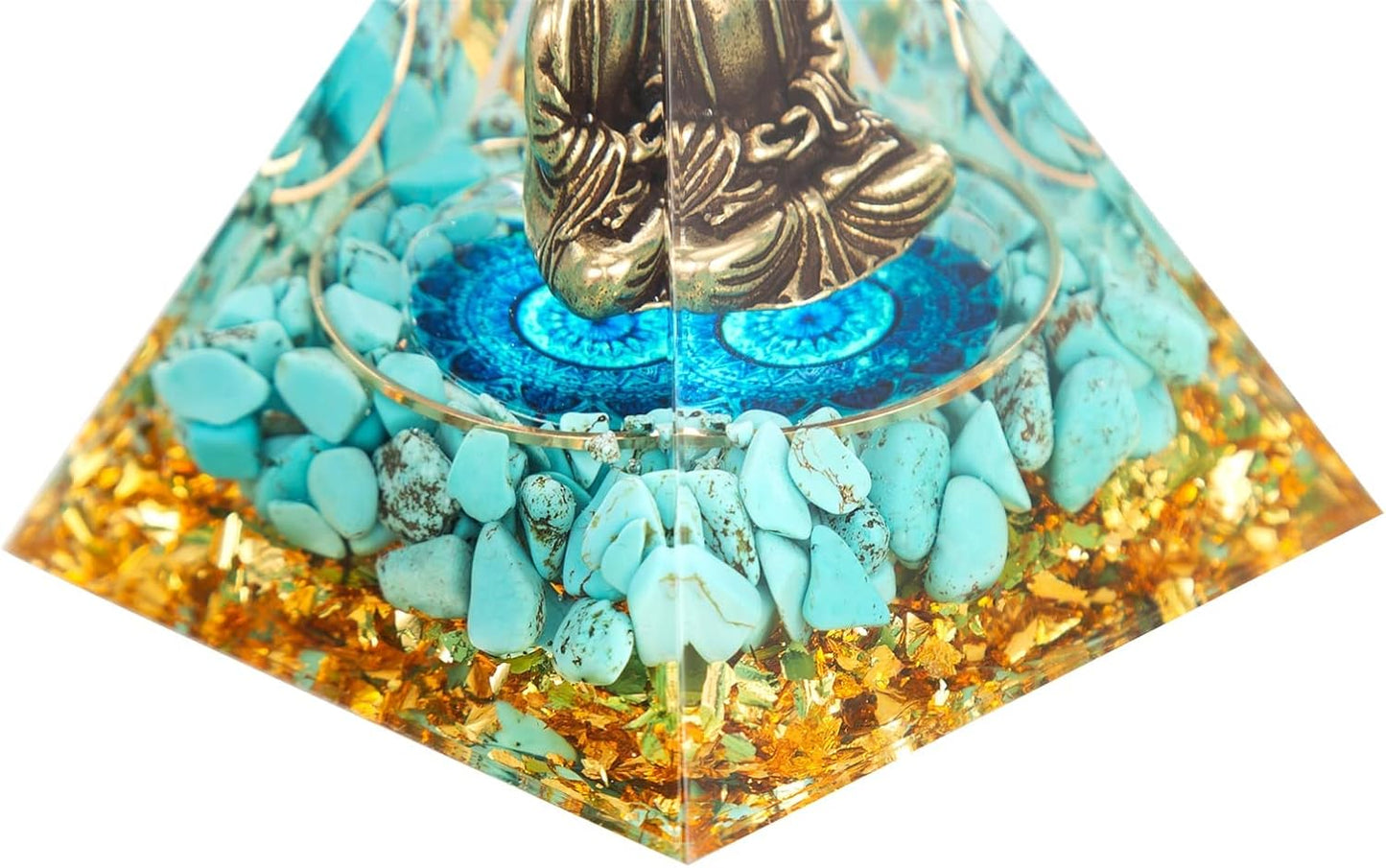 Little Buddha Statue in Healing Crystal Organite Pyramid - Turquoise with Baby Buddha Figurine, Reiki Chakra Meditation Desktop Indoor Buddha Decor