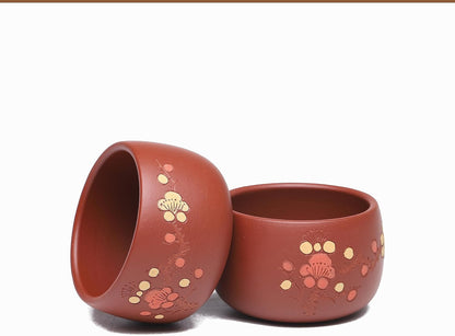 SILINE 2 PCS Zisha Gongfu Teacup,2.3 Oz Chinese Yixing Clay Tea Cup for Brew Kung Fu Tea,Used with the Teapot (Flower,Yixing Zhuni Red Clay)