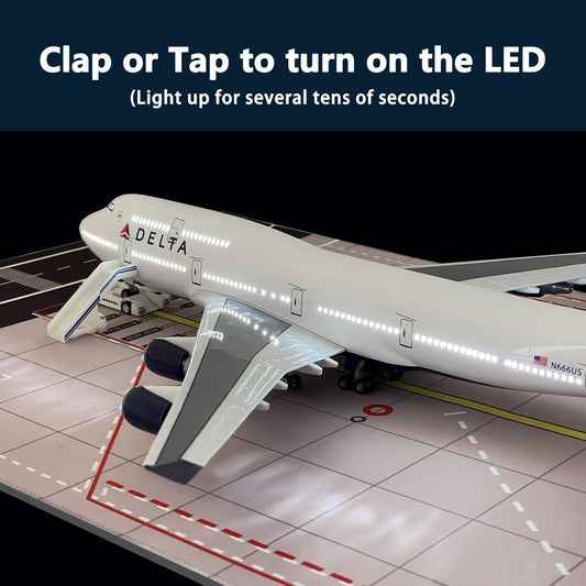 B747 Model Airplane 18.9 Inches Long 1/150 Scale B747 Model with LED Lights and Airport Scene Accessories Ideal Display and Gift