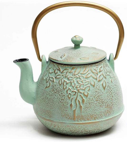 TOPTIER Tea Kettle for Stove Top, Cast Iron Teapot Stovetop Safe with Infusers for Loose Tea, 22 oz, Light Green