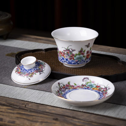 SILINE Classic China Tea Bowl,Suet Jade White Porcelain Gaiwan for Brew Kung Fu Tea Cup Set(Fanhua)