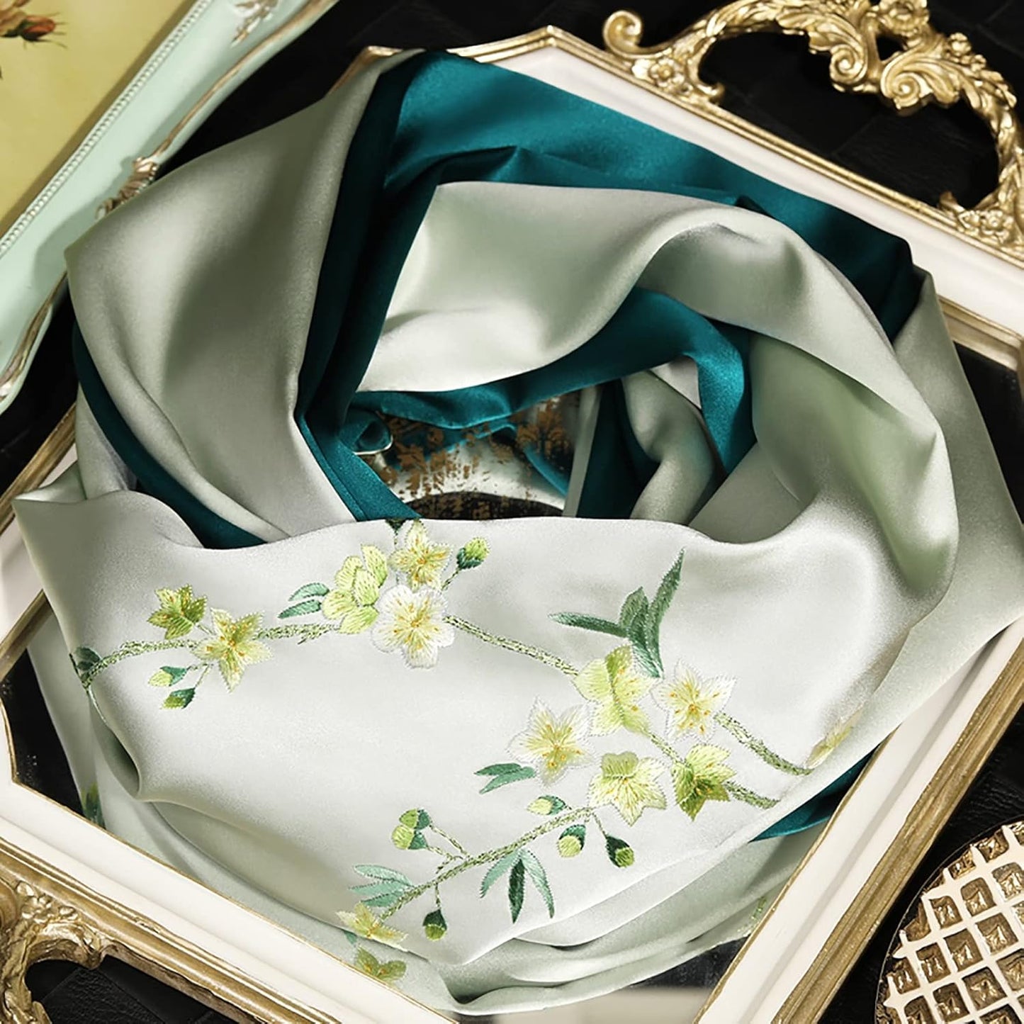 RAN Winter Warm Scarfs Double-Layer Soft Silk Scarf Shawl, 68.9" Long Lightweight Shawl Wrap, Embroidered by Hand with Floral Pattern