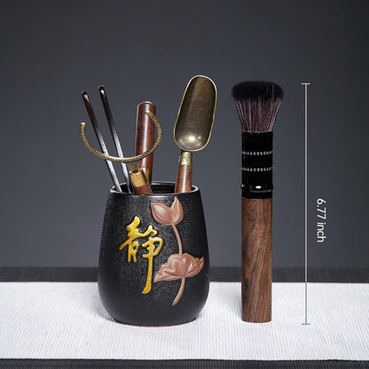 DOPUDO Tea Art Six Gentlemen with Black Pottery Storage Caddy, Chinese Gongfu Tea Ceremony Tools to Make Tea, Chinese New Year Gift to Tea Lovers