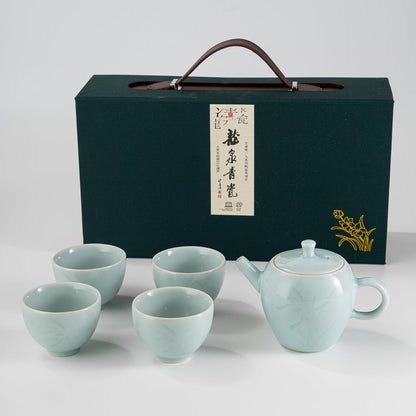 SILINE Chinese Celadon Teapot Set,Green Porcelain Tea Pot 7.5 Oz with 4 Kongfu Tea Cups -Di Kiln,Pink Cyan