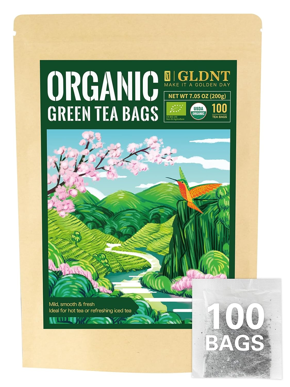 GLDNT Organic Pu-erh Tea Bags, Fermented Yunnan Dark Tea, Bold & Mellow Flavor, Caffeinated, 100 Count