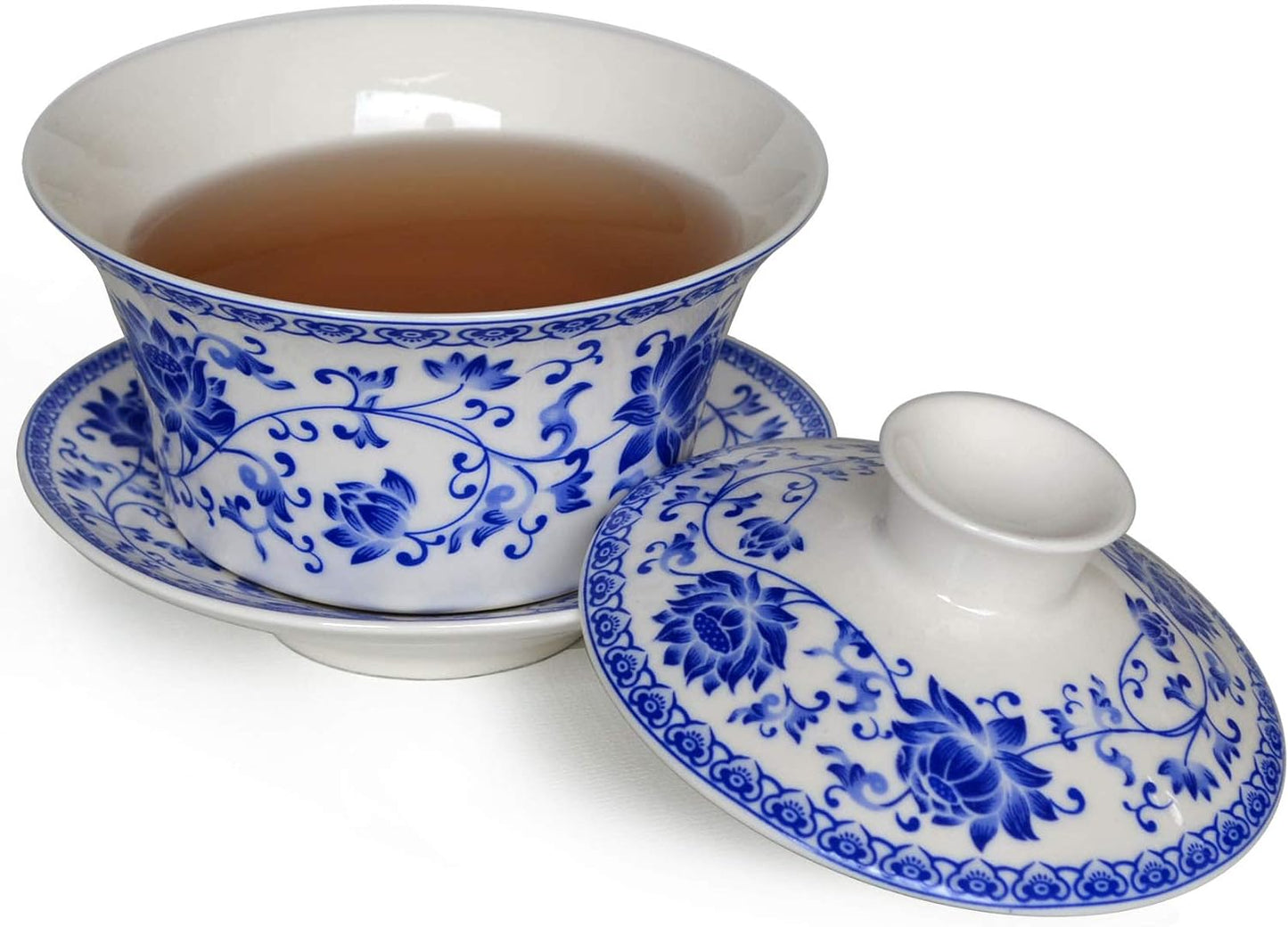 honeylive Gaiwan Chinese 150ml-200ml Sancai tureen Tray Cup Blue White Porcelain Saucer Lid (simple A 5oz)