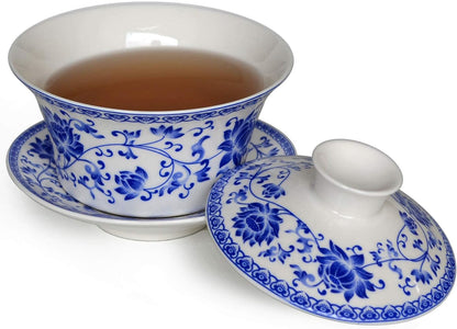 honeylive Gaiwan Chinese 150ml-200ml Sancai tureen Tray Cup Blue White Porcelain Saucer Lid (simple A 5oz)