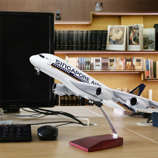 24-Hours 18” 1:160 Airplane Model Singapore Airbus 380 Model Plane with LED Light(Touch or Sound Control) for Decoration or Gift
